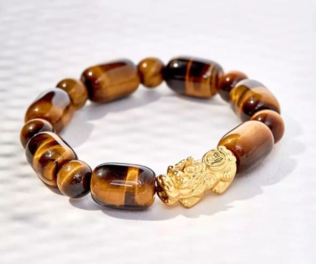 Vòng tay đá mắt hổ lu thống thiên nhiên 10ly mix Charm tỳ hưu mạ bạc cho Nam Nữ làm trang sức