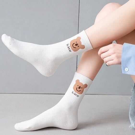 Tất cổ cao Bivota Vớ tất cổ cao nữ trắng họa tiết hình thú xinh xắn vải cotton co giãn thời trang Hàn Quốc