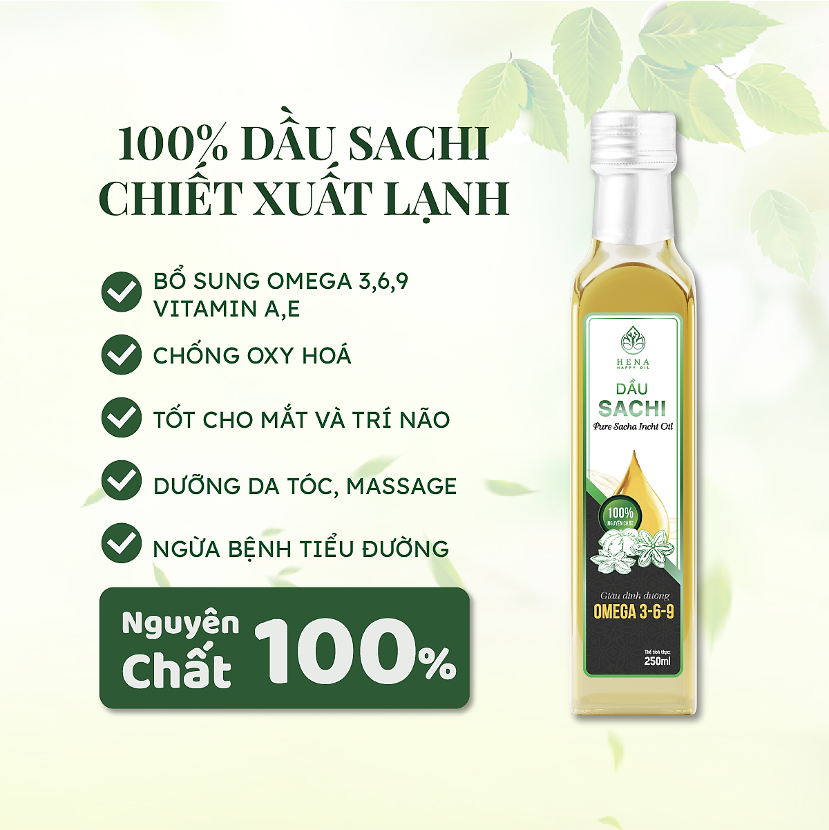 Dầu ép lạnh hạt Sachi nguyên chất HENA HAPPY OIL giúp trẻ phát triển trí não, chiều cao (250ml)