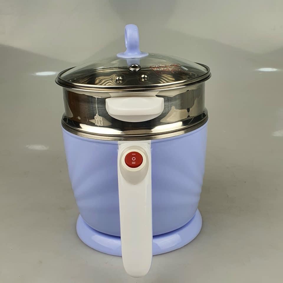 Ca nấu lẩu, nấu mì đa năng mini có tầng hấp Greencook 600W, dung tích 1.2L-Hàng chính hãng