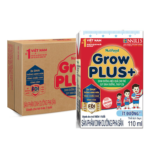 Thùng Sữa Bột Pha Sẵn ÍT ĐƯỜNG GrowPLUS+ loại 110ml - Dành cho bé trên 1 tuổi, Tăng Cân, Tăng Chiều Cao, Thông minh hơn (48 Hộp x 110ml)