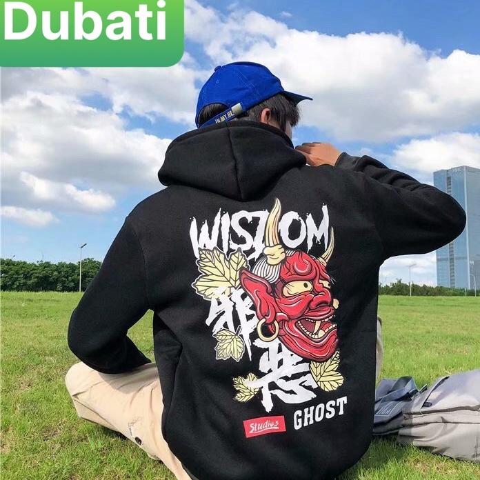Áo Khoác Nỉ - Aos Hoodie Tay Dai From Rộng Phối Nón Kiểu Mới Mặt Quỷ Đỏ Đầu Sừng- DUBATI FASHION