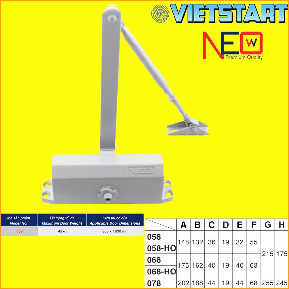 Tay đẩy hơi NEWNEO - 20-45-60-80-120kg - Dừng cố định 90˚ & không dừng - Tay Co Thủy Lực, Củi Chỏ hơi