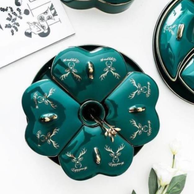 Khay đựng mứt sứ Hình Trái Tim RẺ VÔ ĐỊCH Khay 5 ngăn tháo rời màu xanh ngọc xoay 360 độ dễ vệ sinh vận chuyển
