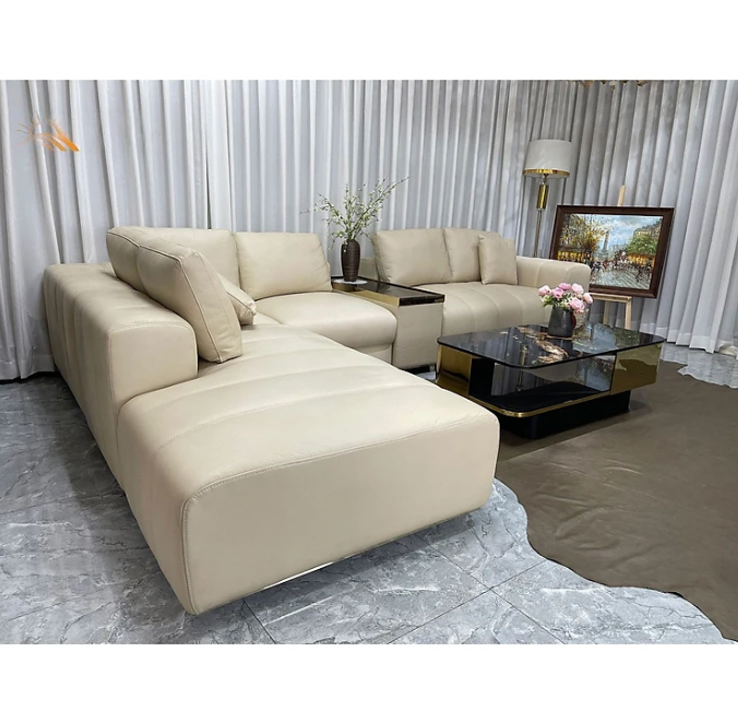Sofa góc L 100% da bò Italy Tundo màu kem – SFLCT26 3m5 x 2m4 hàng cao cấp chuẩn da bò nhập khẩu Ý