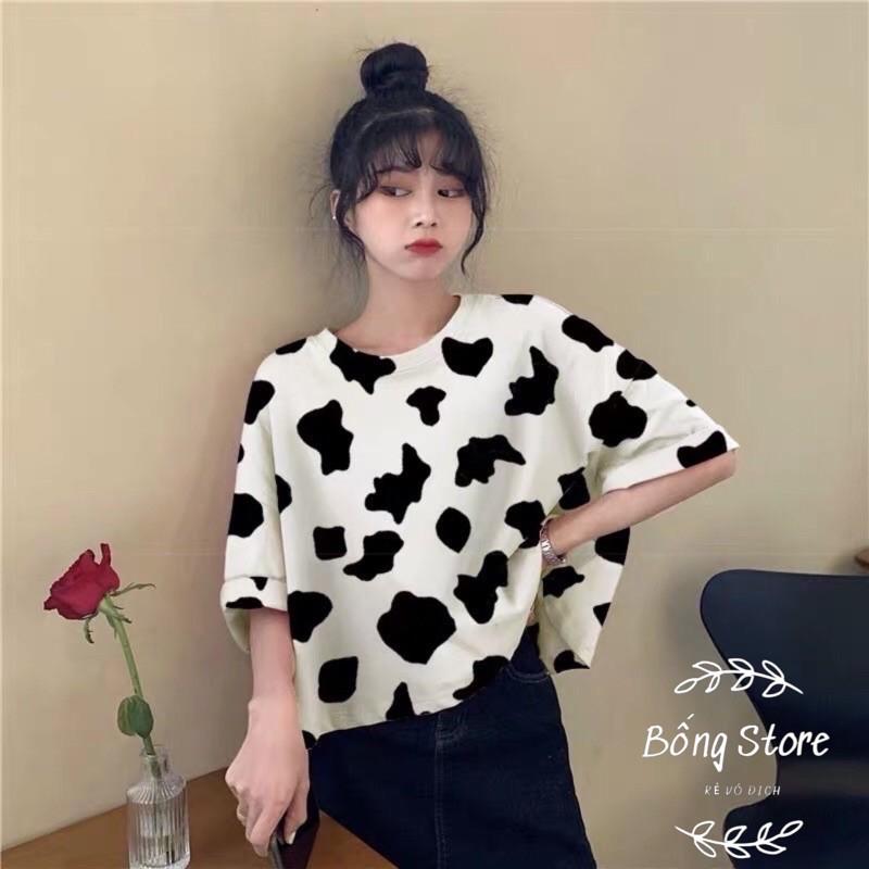 Áo thun cotton tay lỡ Unisex -- Loang Bò Sữa Dáng CROPTOP