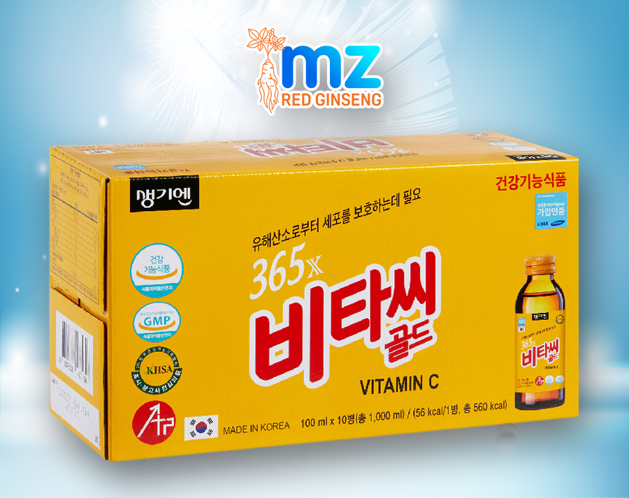 Nước uống bổ sung 365X Vitamin C Gold Hàn Quốc, hộp 10 chai x 100ml