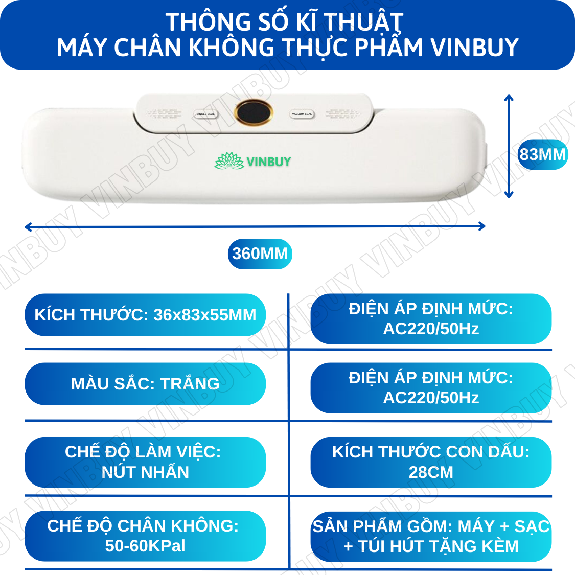 Máy hút chân không thực phẩm gia đình Vinbuy, bảo quản hàn miệng túi, hút khô ướt mềm, tặng kèm 10 túi hút chân không - Hàng chính hãng