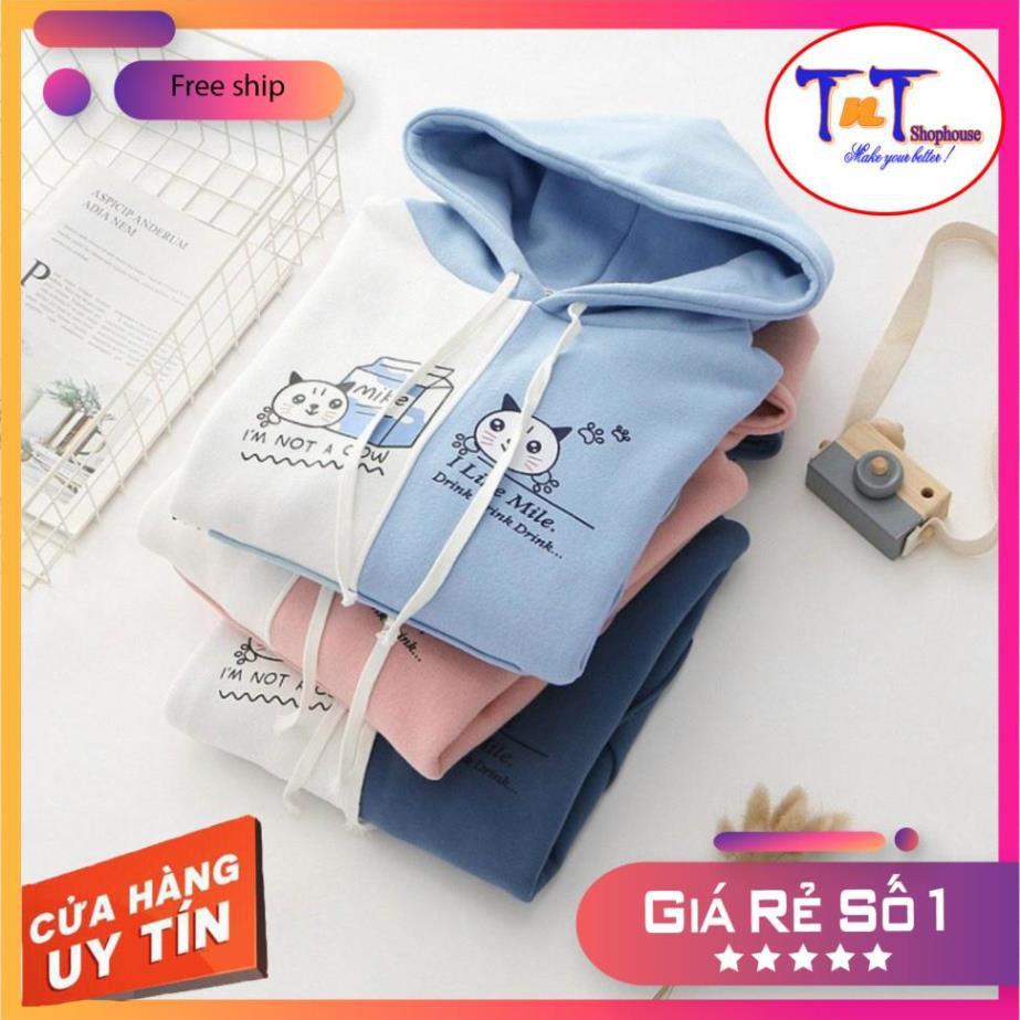 KN20 Áo Khoác Nỉ Hoodie 2 Màu Hình Mèo Phối Túi Áo Nỉ Dài Tay Cho Nữ thời trang sinh viên học sinh cao cấp