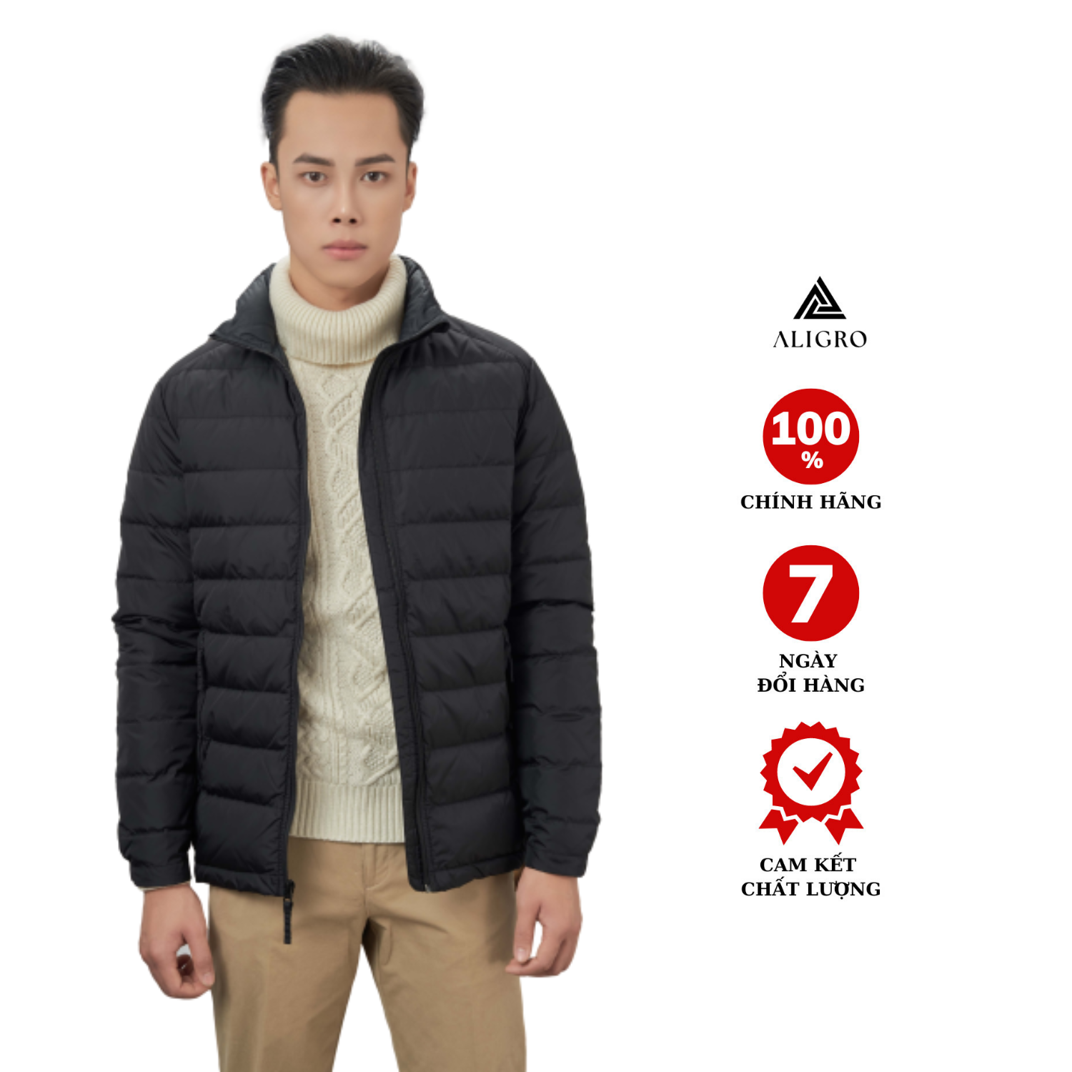 Ao khoác lông vũ màu đen than chất liệu  cao cấp mềm mịn chống thấm nước siêu nhẹ siêu ấm áp giữ nhiệt ALGALV.23