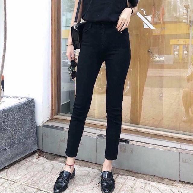 Quần jean nữ cạp cao skinny màu đen cơ bản co giãn cao cấp