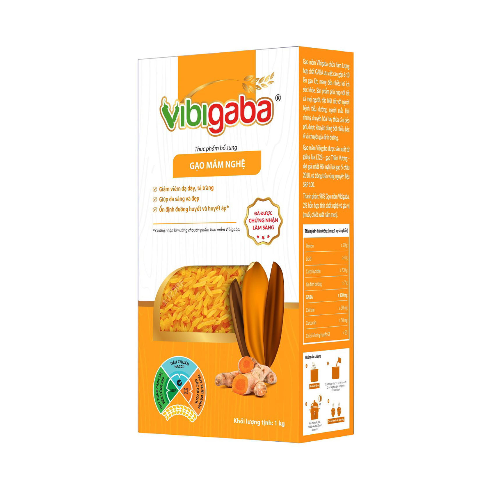 Gạo Mầm Vibigaba Nghệ Hộp 1Kg - Giảm viêm dạ dày tá tràng, giúp da sáng và đẹp, ổn định đường huyết và huyết áp