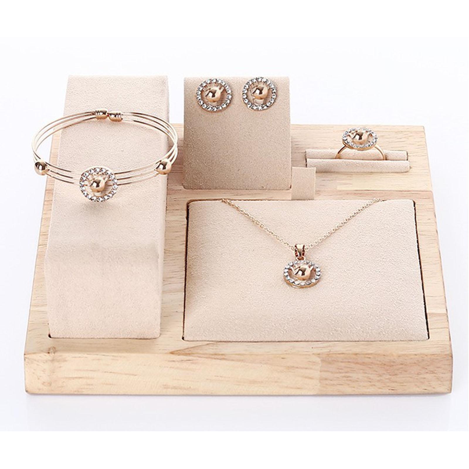 Wooden Velvet Jewelry Set Display Stand Necklace Earrings Holder Beige