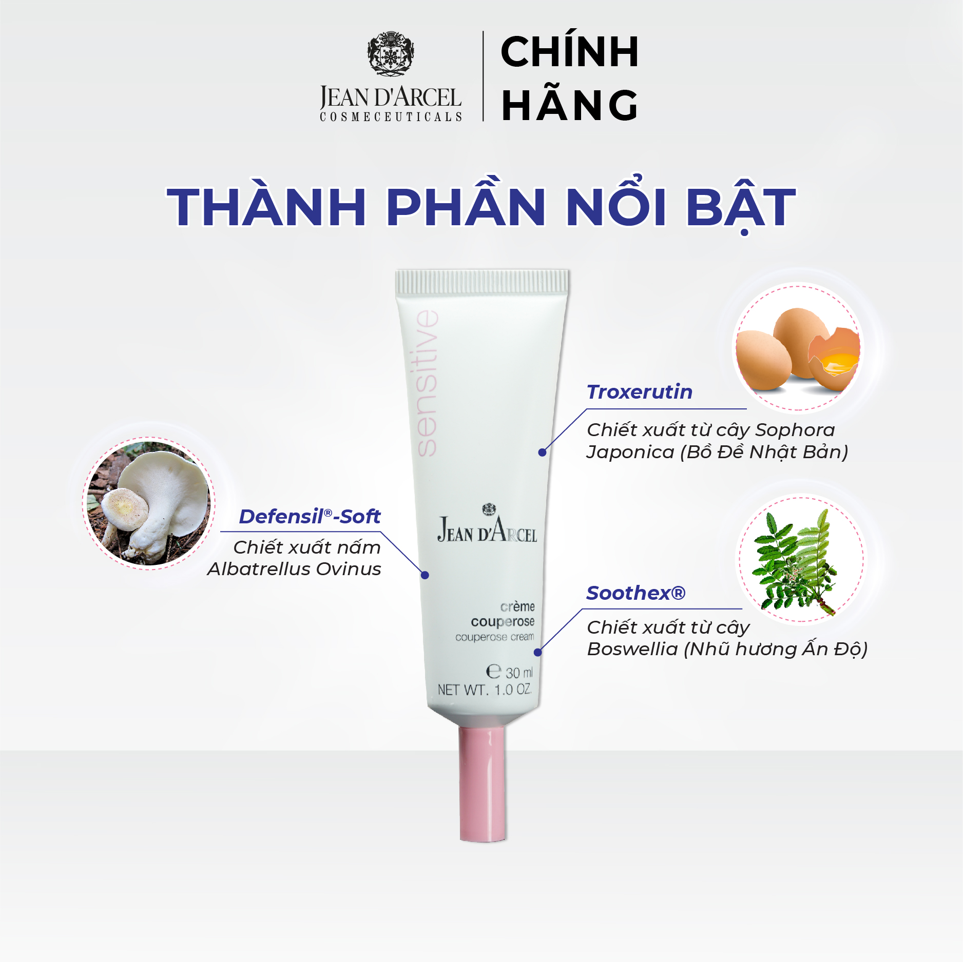 J118 Kem dưỡng cho da nhạy cảm, giảm đỏ da và giảm giãn tĩnh mạch Sensitive - Couperose Cream 30ml - Jean d'Arcel