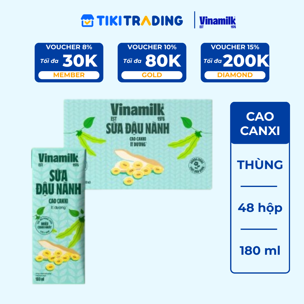 Thùng 48 hộp sữa đậu nành cao canxi Vinamilk 180ml