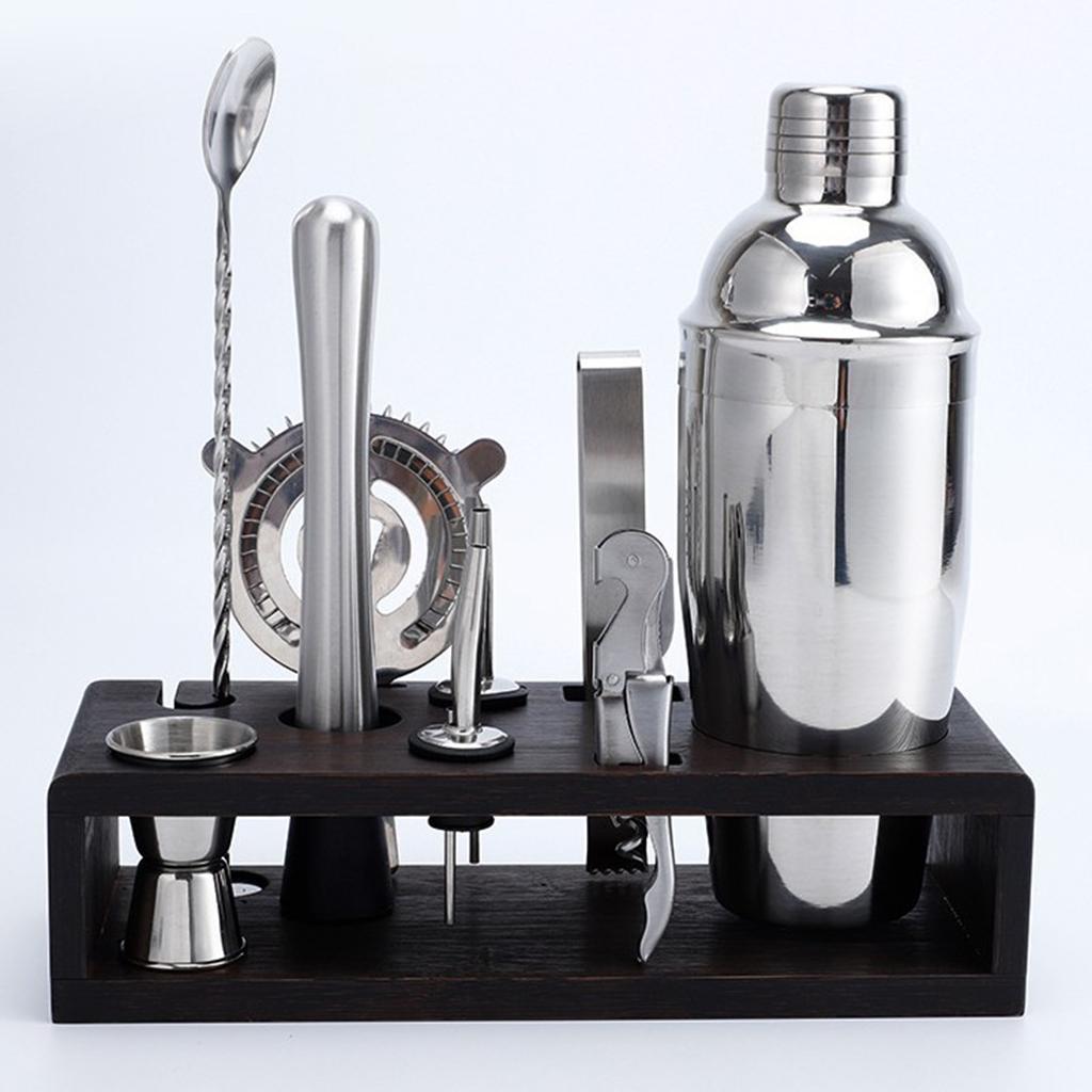 10pcs/Set Stainless Steel Bartender Kit Cocktail Martini Shaker Wooden Stand Set