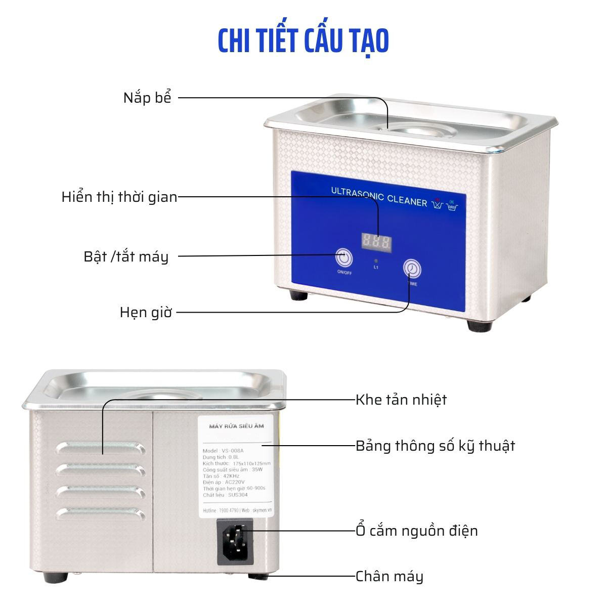 Máy rửa siêu âm Rama VS-08A dung tích 0,8L, công suất 35W