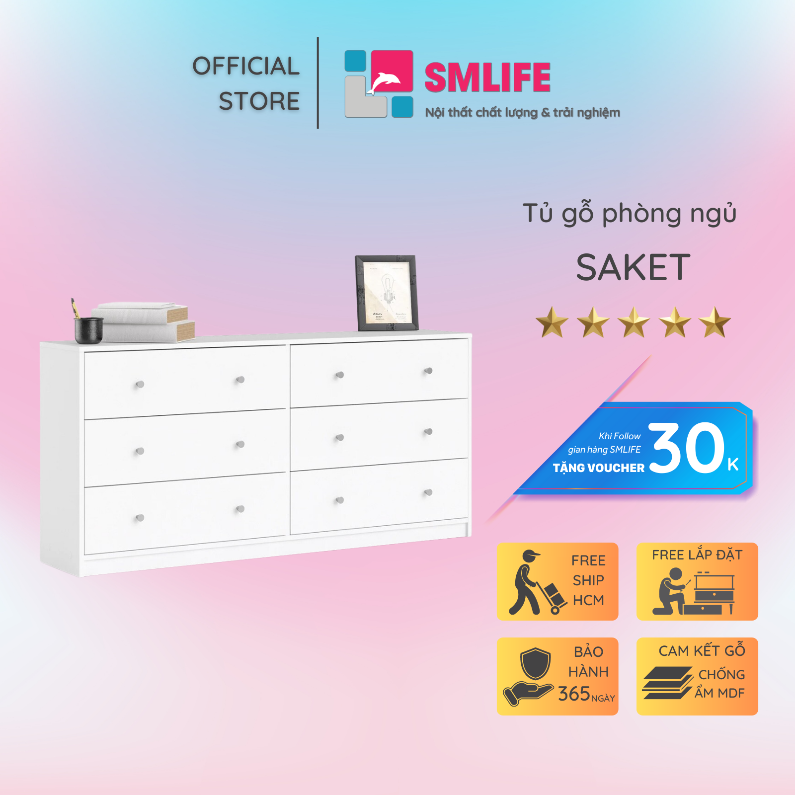 Tủ phòng ngủ gỗ hiện đại SMLIFE Saket  | Gỗ MDF dày 17mm chống ẩm | D145xR45xC70cm