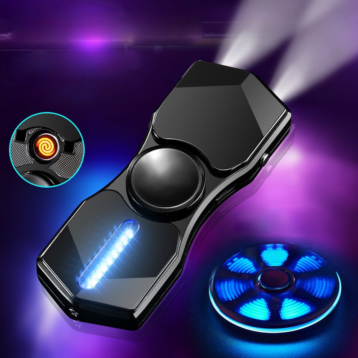 Hột Quẹt Bật Lửa Hồng Ngoại Kiêm Đèn Pin Sạc Điện USB Kiểu Dáng Spinner Tạo 12 Hiệu Ứng Đèn Led + Tặng Tai Nghe Bluetooth Cao Cấp - Video Review