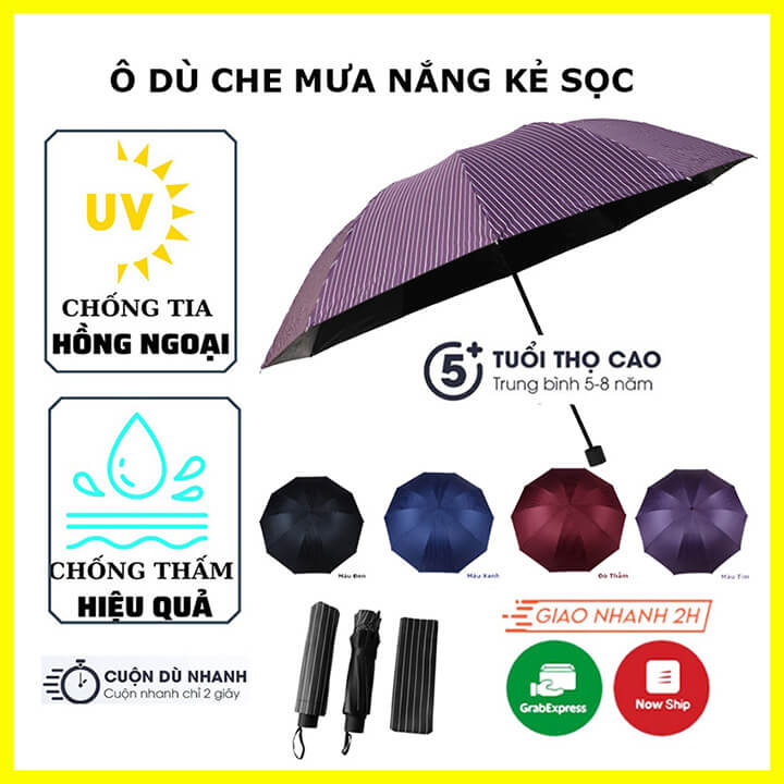 Ô che nắng che mưa 2 lớp chống tia UV, dù che nắng mưa 10 nan chống thấm cao cấp họa tiết kẻ sọc