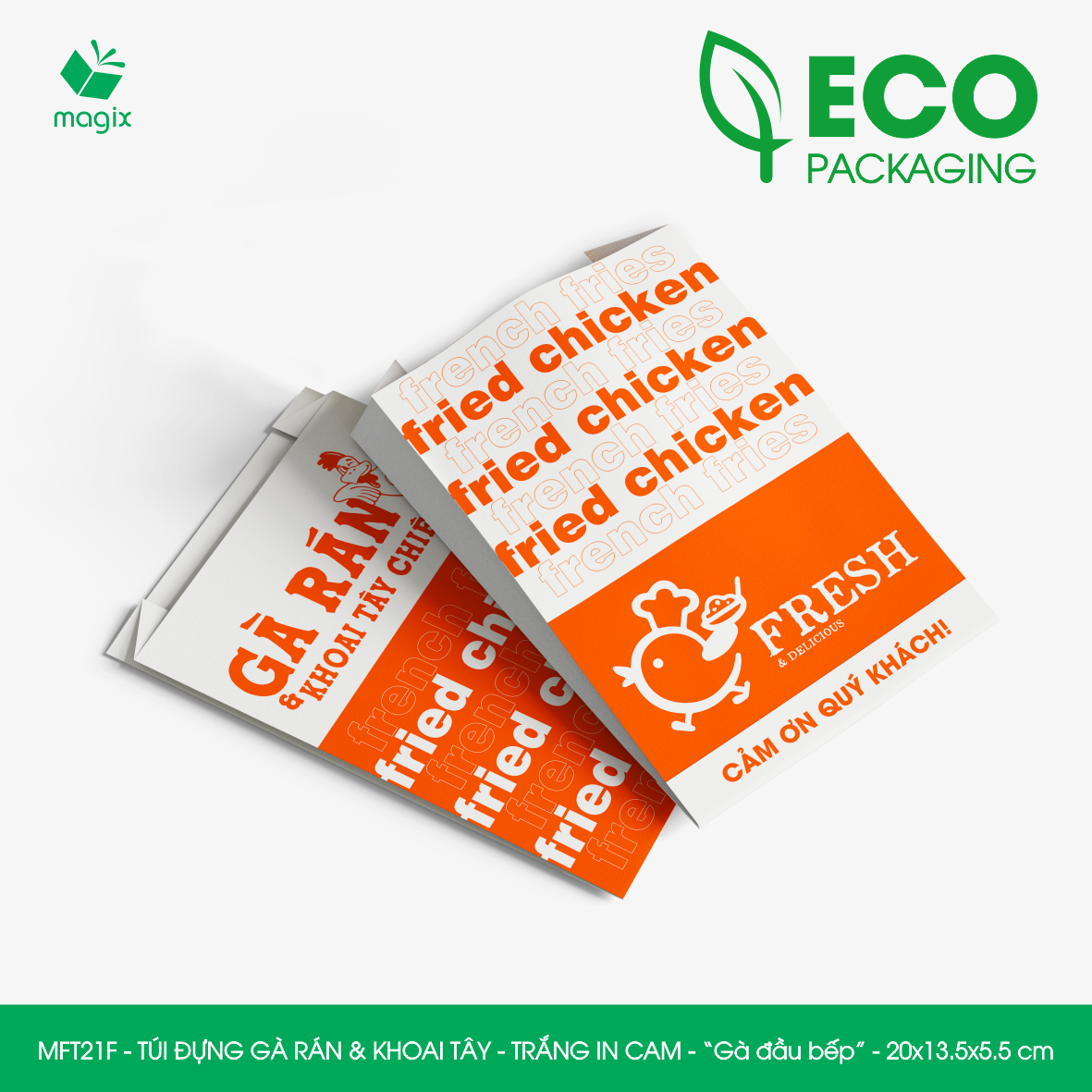 MFT21F - 20x13.5x5.5 cm - 500 Túi giấy MG đựng gà rán và khoai tây chiên, túi đựng thực phẩm