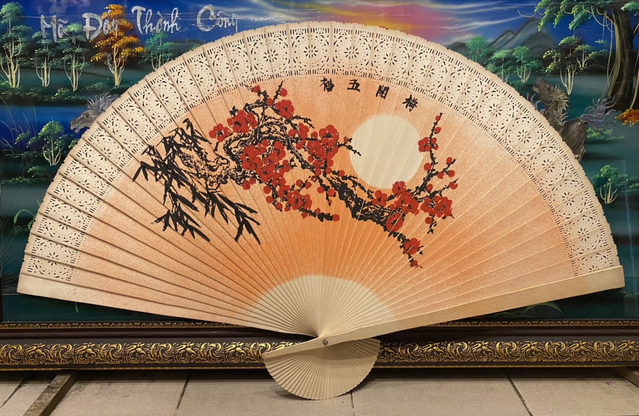 Tranh Quạt trang trí mộc long đào hoa - Q05