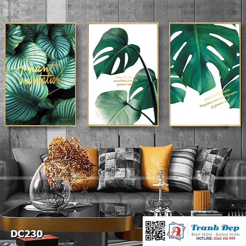 Bộ 3 tranh canvas treo tường Decor Họa tiết lá xanh - DC230