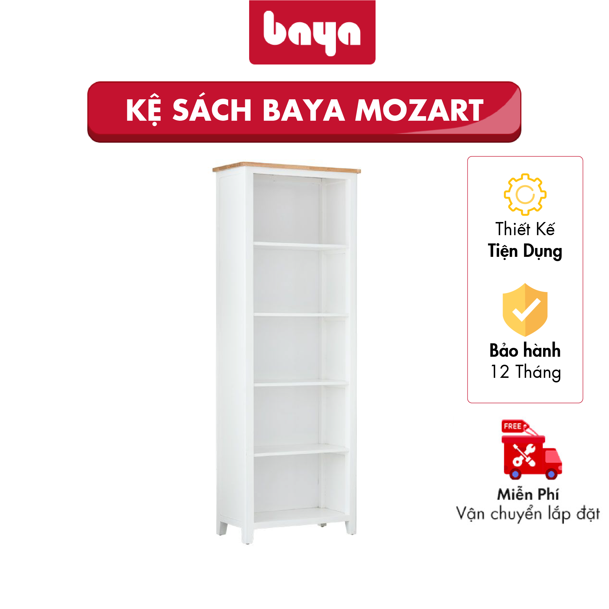 Tủ Kệ Sách 5 Tầng BAYA MOZART Chất Liệu Gỗ Cao Su, MDF Độ Bền Cao, Gam Màu Trắng Trang Nhã, Hiện Đại Giúp Sắp Xếp Gọn Gàng Các Vật Dụng 1048629