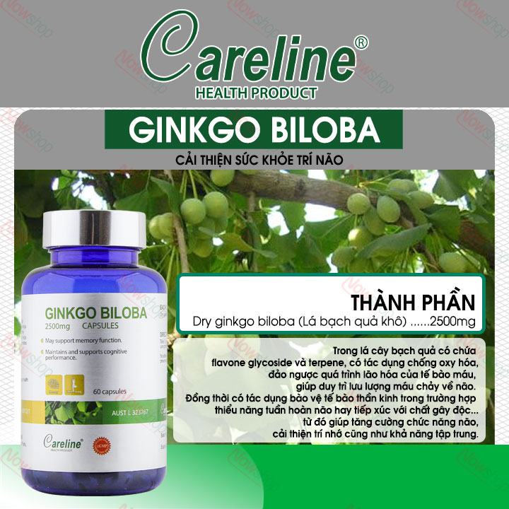 Viên uống bổ não Careline Ginkgo Biloba 2500MG hỗ trợ tăng cường trí nhớ giảm đau đầu mất ngủ