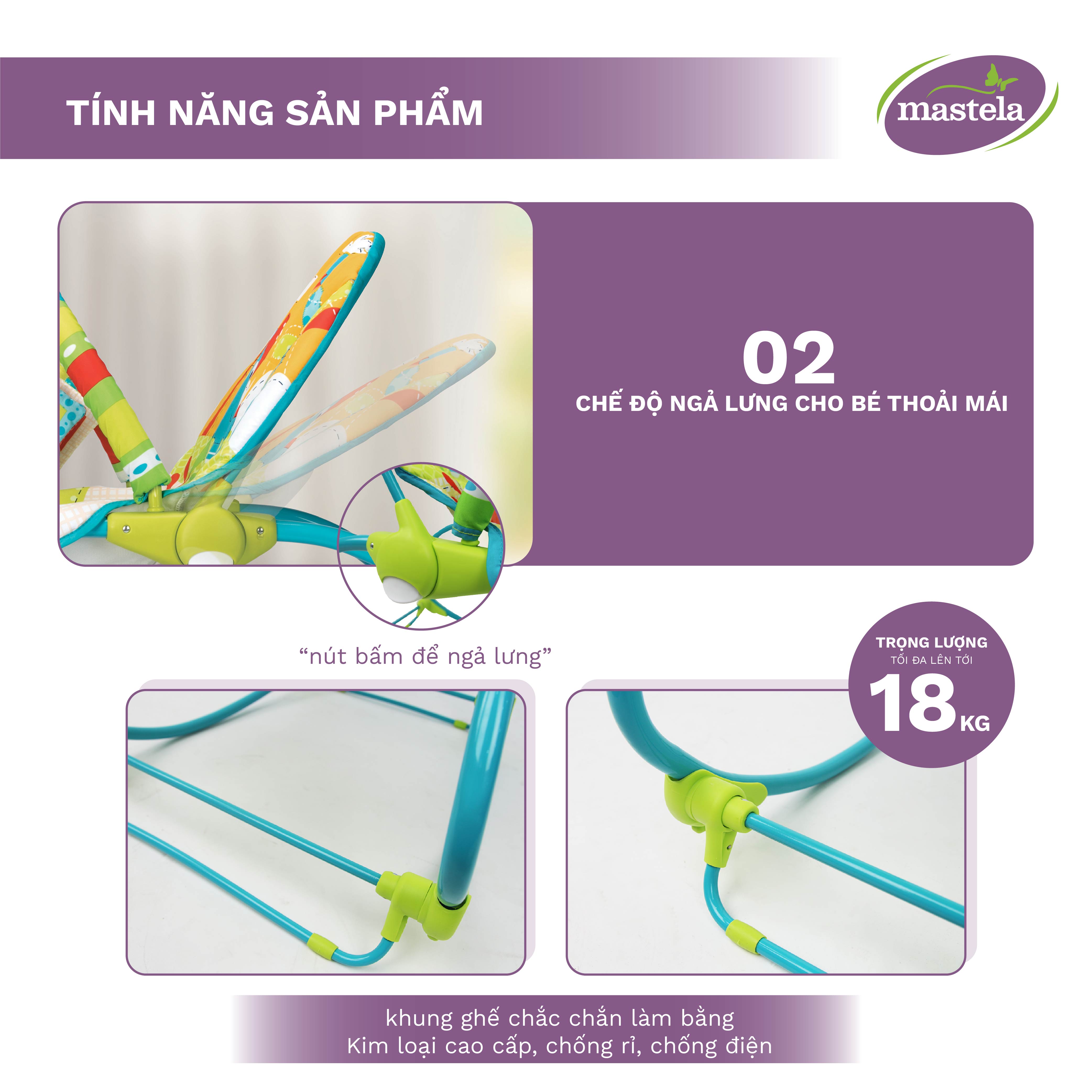 Ghế rung thư giãn kiêm bập bênh  2 trong 1 kèm 12 bản nhạc trắng ru ngủ Mastela 6922/21/20 cho bé từ sơ sinh tới 6 tuổi