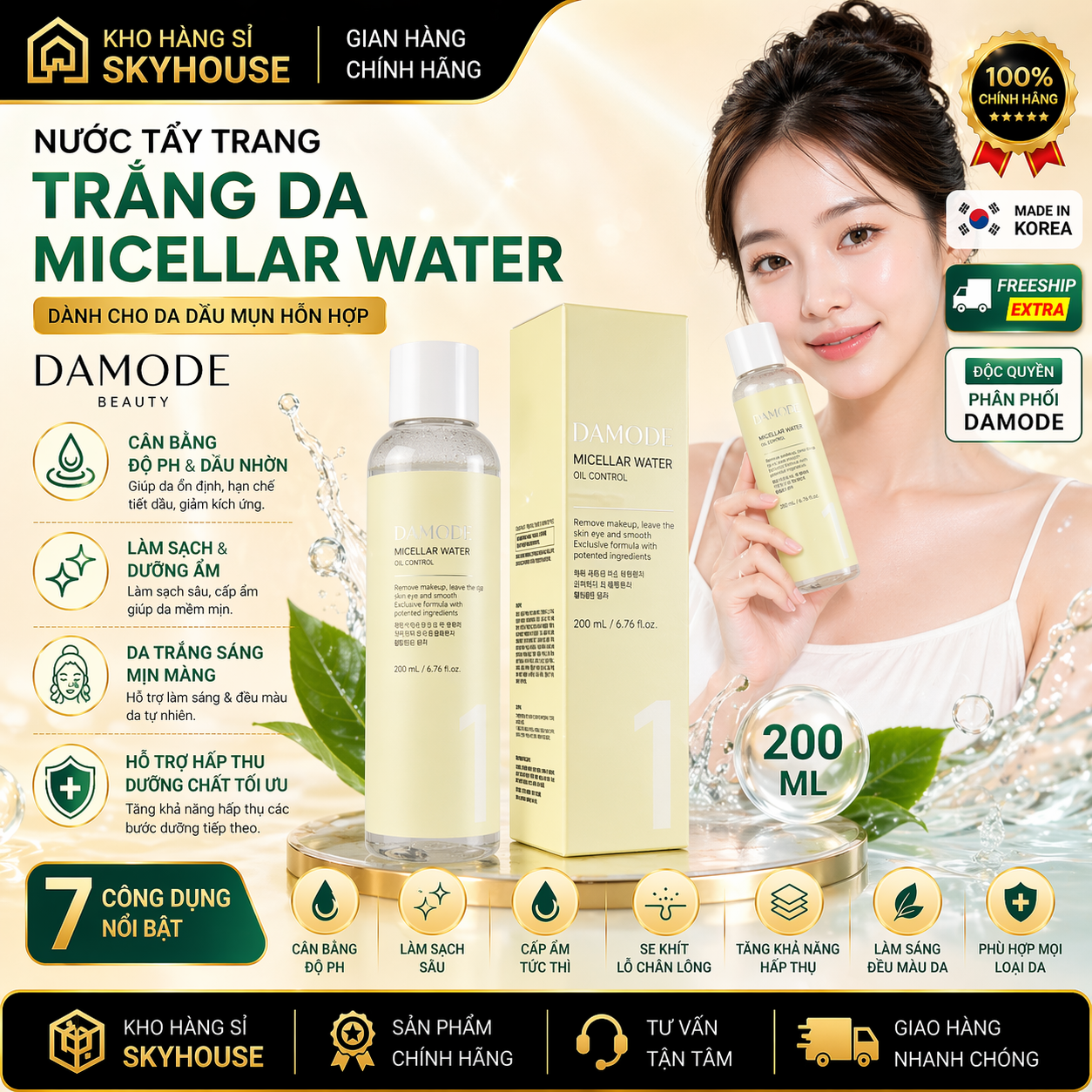 Nước tẩy trang cho da dầu mụn MICELLAR WATER DAMODE chai 200ml nước tẩy trang sạch sâu chính hãng