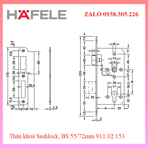 Thân khoá Hafele Sashlock, BS 55/72mm 911.02.153