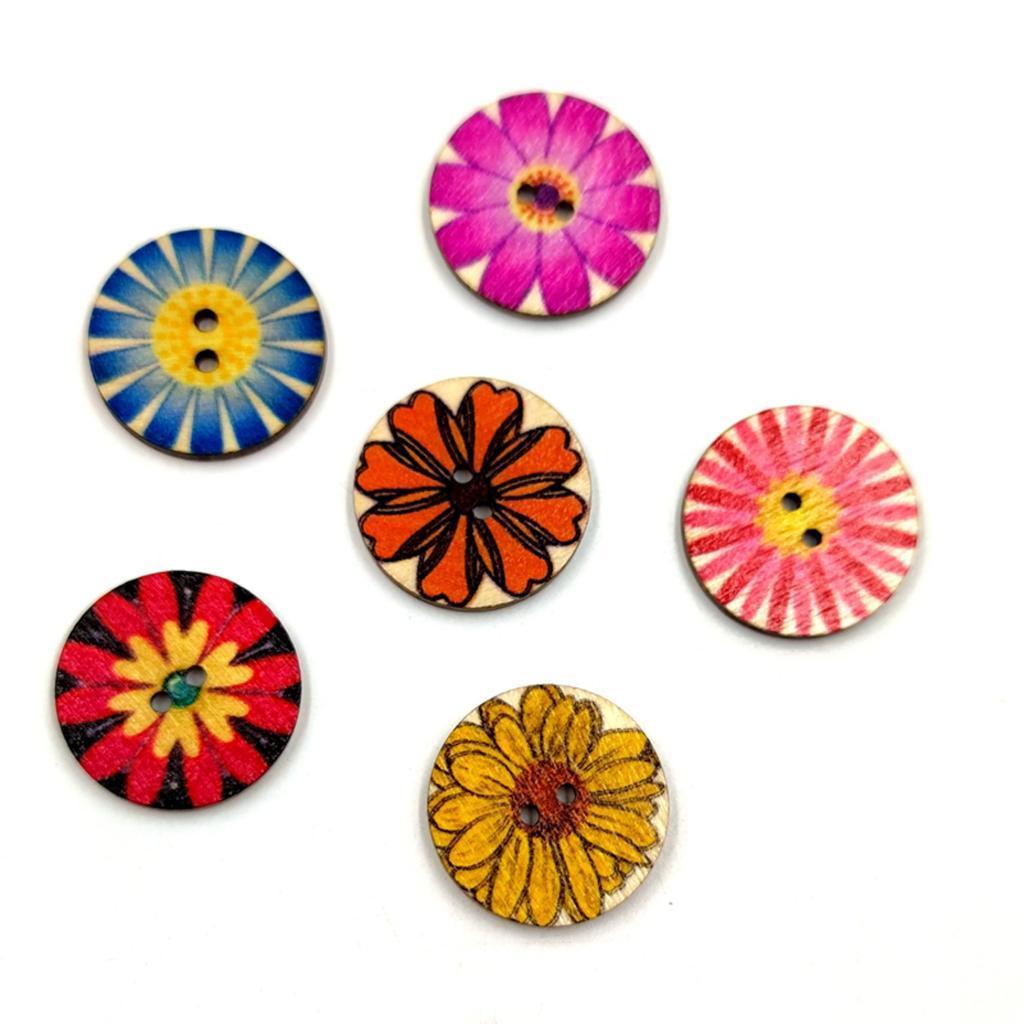 Pack of 100 Mixed Random Flower Patterns Round Wooden Buttons Assorted Colors for DIY Sewing Crafting DIY, 15mm 20mm