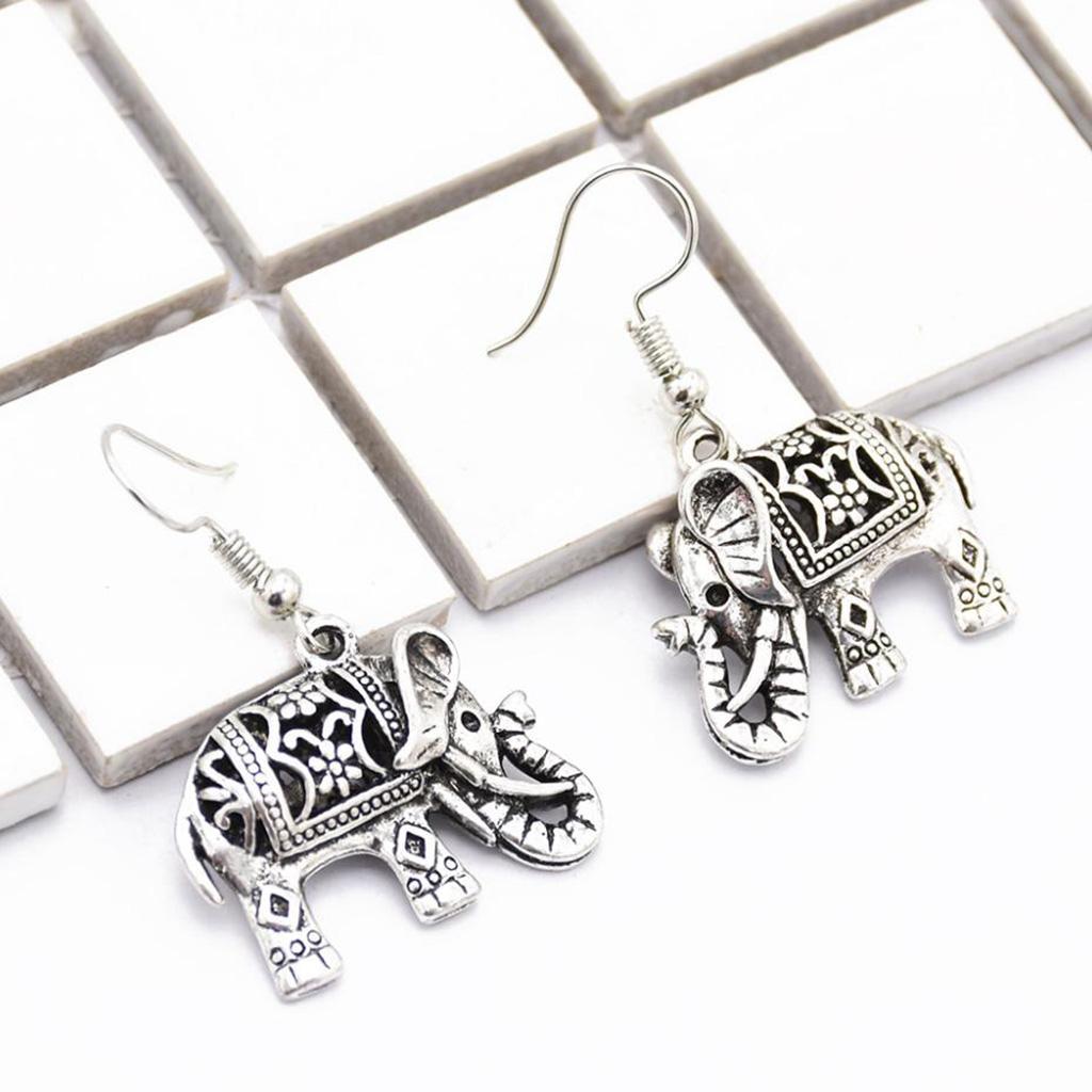 Gypsy India Thailand Elephant Retro Tibetan Silver Dangle Earrings Jewelry