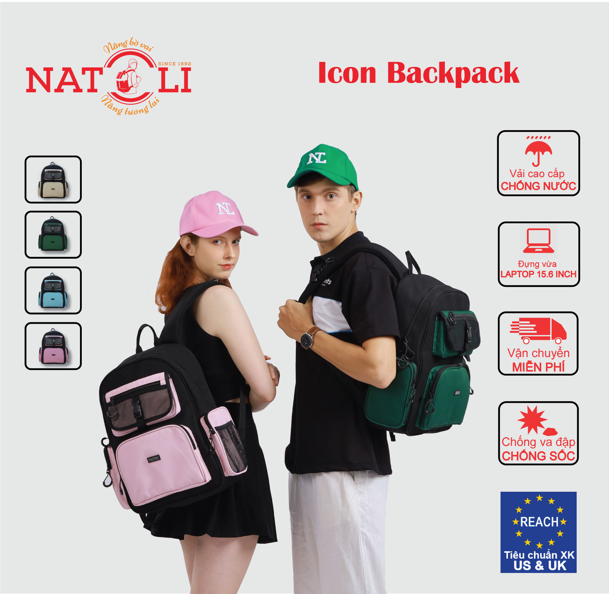 Balo unisex ICON BACKPACK chính hãng NATOLI chất vải canvas fashion kháng nước dày dặn chống sốc