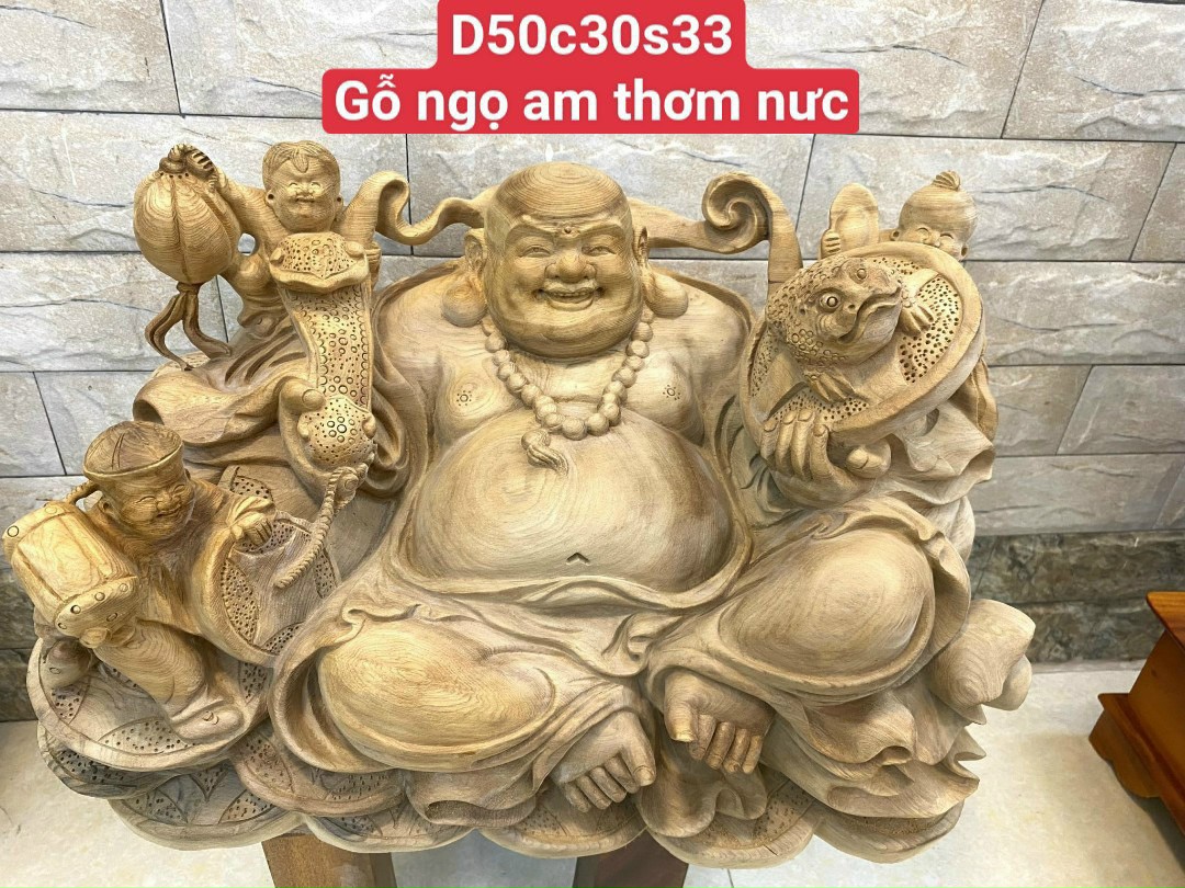 Tượng điêu khắc phật di lặc tam phúc bằng gỗ ngọc am thơm nức kt 50×33×30cm