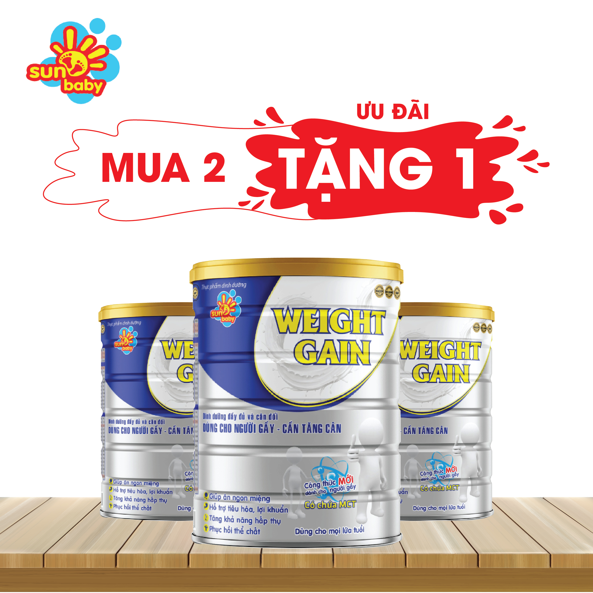 [MUA 2 TẶNG 1] Sữa bột Weight Gain dành cho người gầy (900G)- Sunbaby