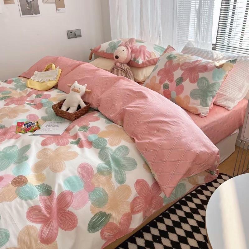 Bộ Chăn Ga Gối Cotton Living 100%cotton Hàng Nhập Khẩu Cao Cấp 4 Món Hoa đỏ