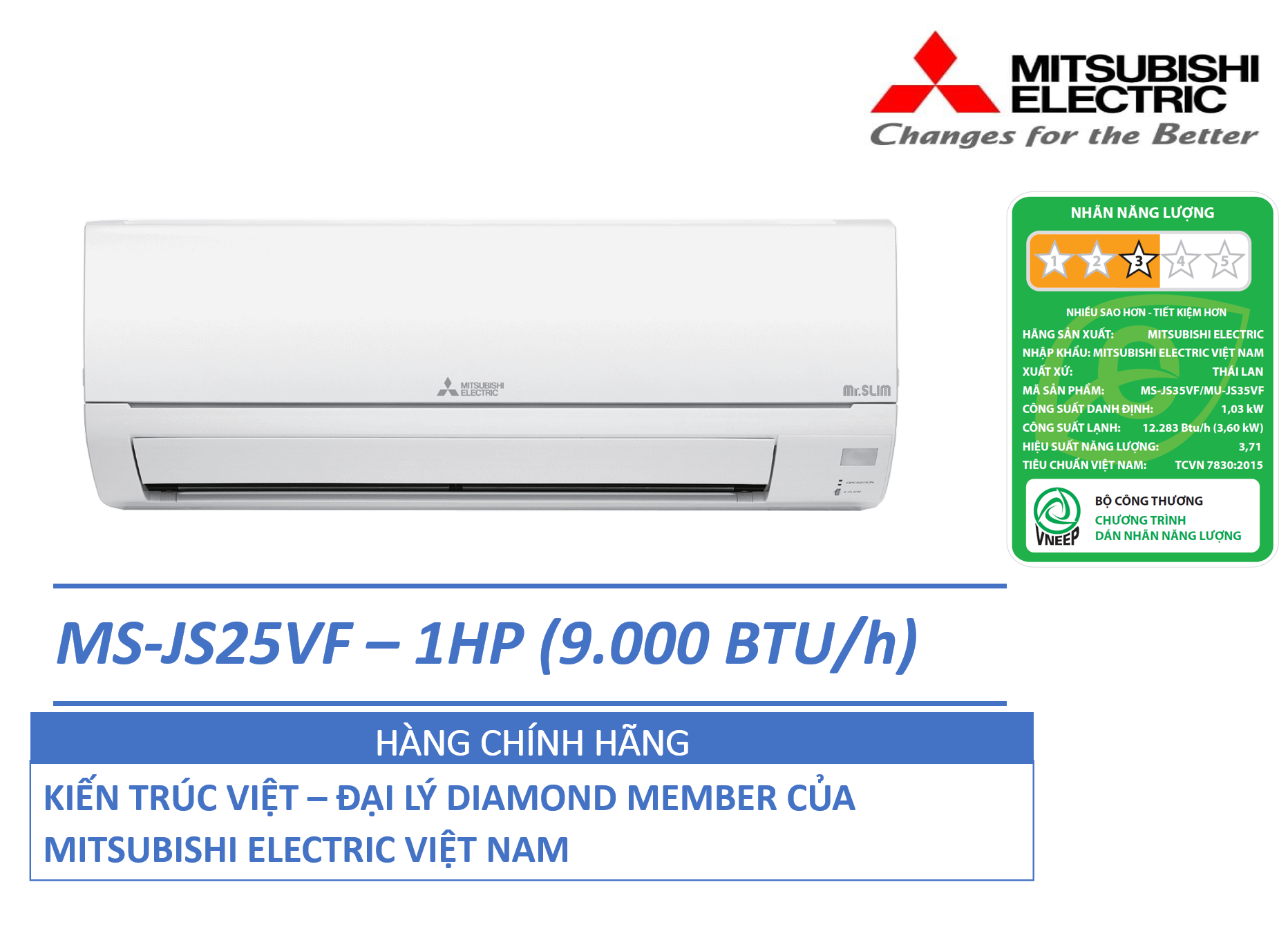 ĐIỀU HÒA KHÔNG KHÍ (MÁY LẠNH) MITSUBISHI ELECTRIC MS-JS25VF - 1 HP(NGỰA) (9,000 BTU/h) - NON-INVERTER - HÀNG CHÍNH HÃNG