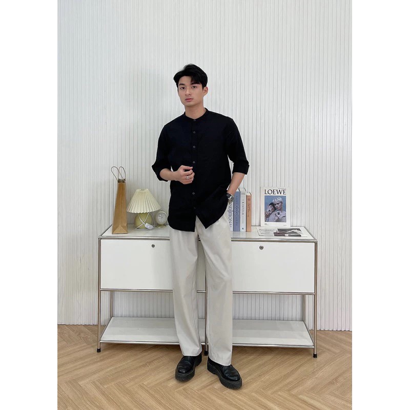 Áo sơ mi nam trơn dài tay Premium cổ trụ  vải sợi tự nhiên Linen thoáng mát MS04