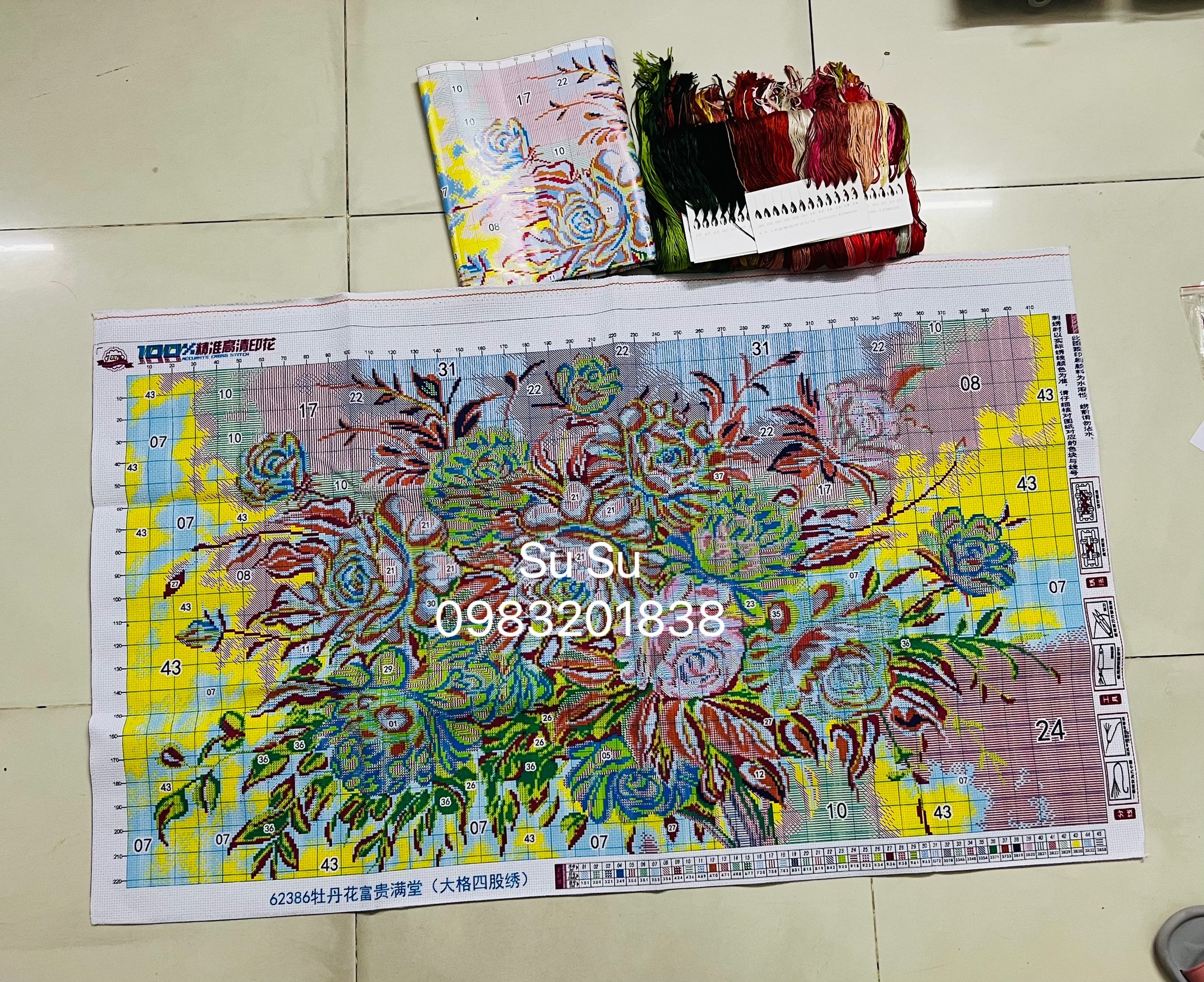 Tranh thêu kín Hoa mẫu đơn 62386, thêu 4 sợi, 9CT, kích thước 130*75 cm