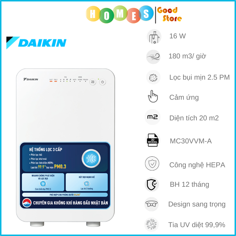 Máy Lọc Không Khí DAIKIN MC30VVM-A Công Nghệ Lọc HEPA Lọc Sạch 99,97% Bụi Bẩn Diện Tích Sử Dụng 25 m2 Công Suất 16W - Hàng Chính Hãng