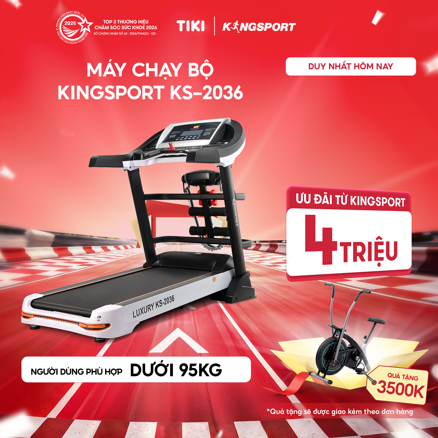 Miễn phí lắp đặt  Máy chạy bộ tại nhà Kingsport Luxury KS-2036 có chức nâng dốc tự động, kèm theo đai massage và thanh gập bụng