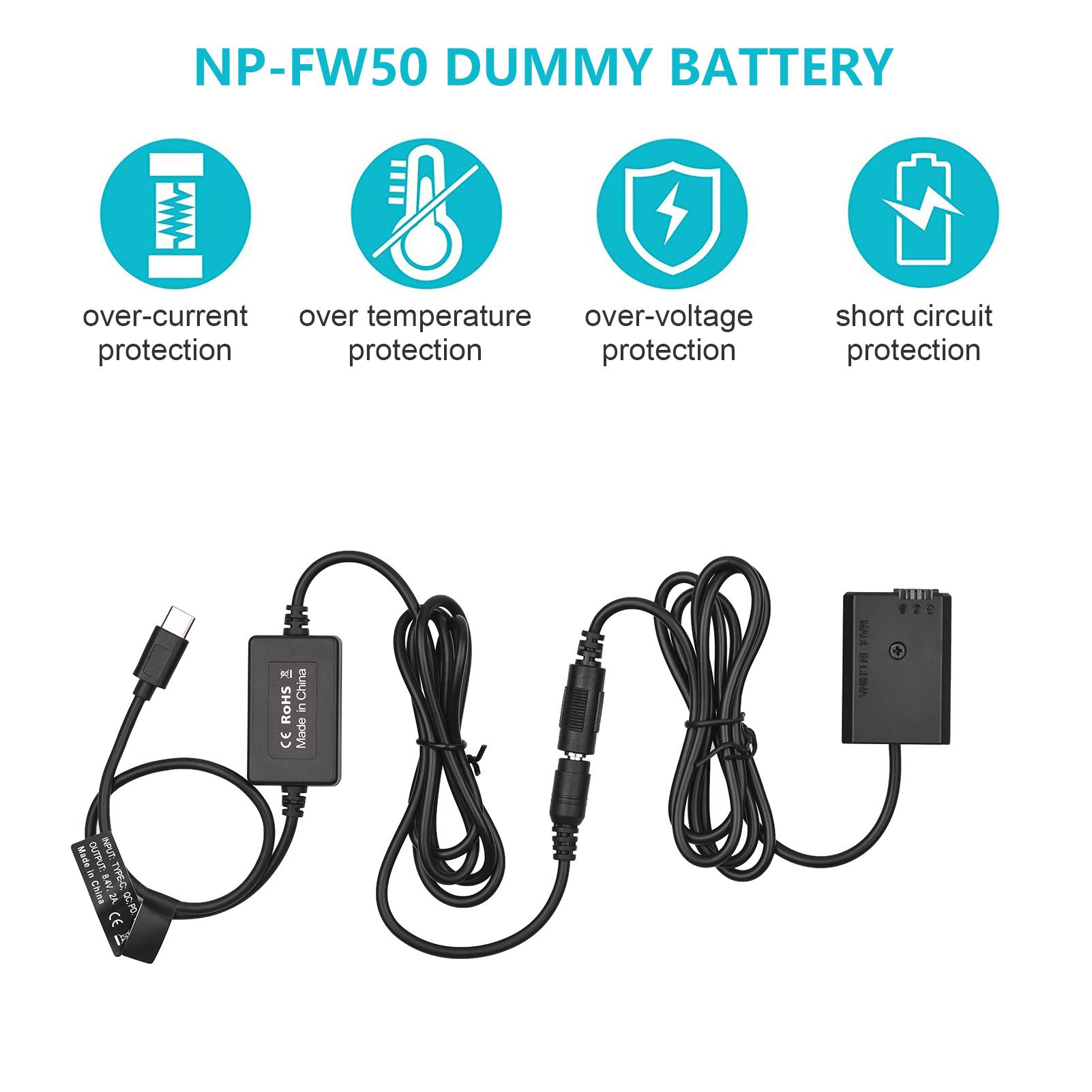 PD USB Type-C Cable to NP-FW50 Dummy Battery DC Coupler for Sony A7S2 A7S A7 II R RII A7M2 A6000 A6300 A6500 A7000