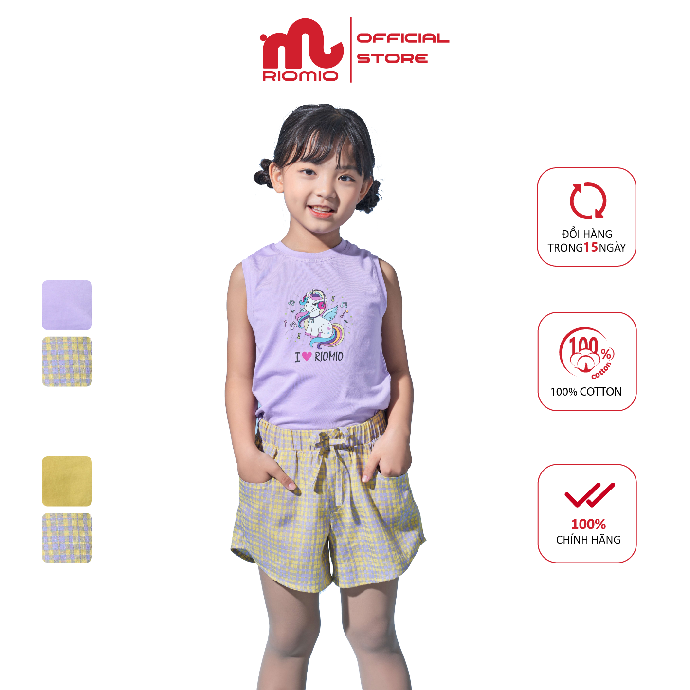 Set bộ bé gái áo thun sát nách quần short kẻ RIOMIO cotton 4 chiều siêu thoáng mát - RB193