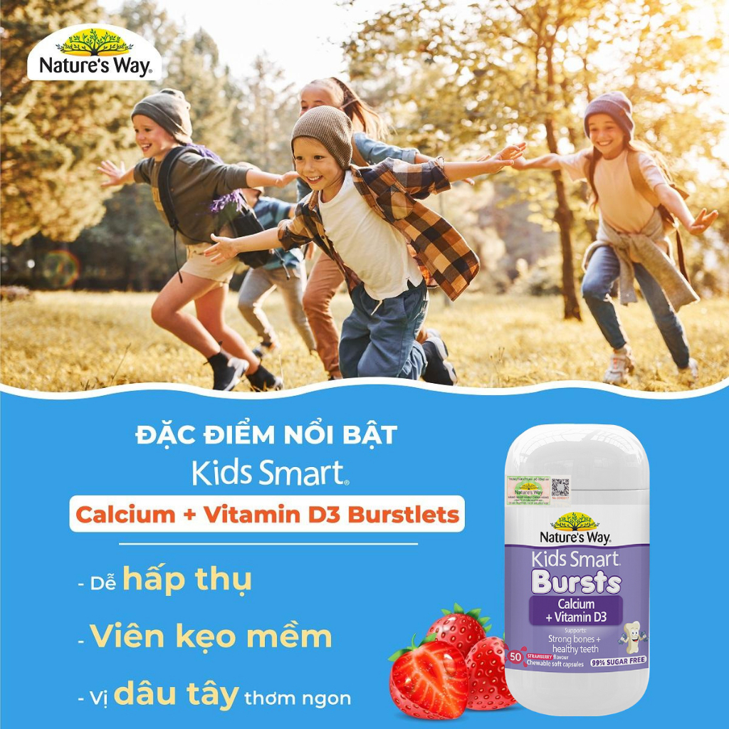 Viên Nhai Bổ Sung Canxi Cho Bé Kids Smart Bursts Calcium + Vitamin D3 Nature's Way (50 viên)