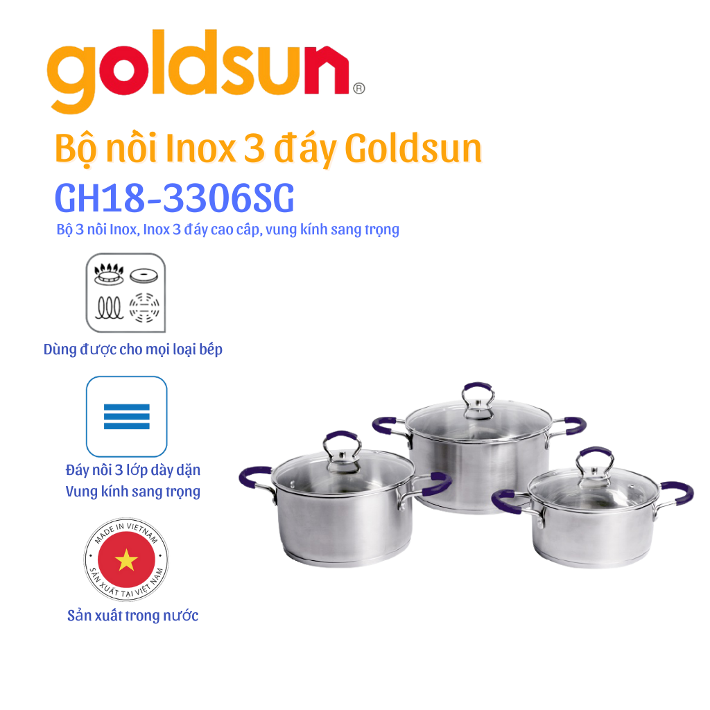 Bộ 3 nồi inox Goldsun GH18-3306SG - Quai xanh hàng chính hãng