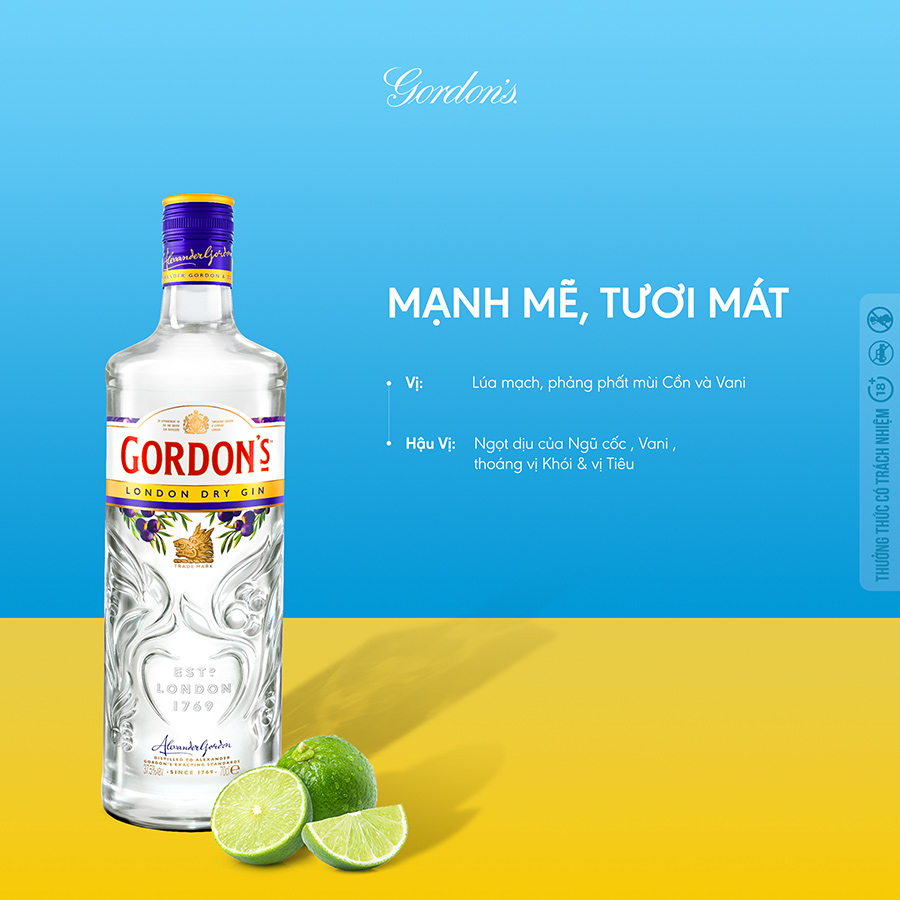 Rượu Gordons Dry Gin 37.5% 700Ml - Rượu Gin Hương Vị Trái Cây, Thảo Mộc Tươi Mát [Không hộp]