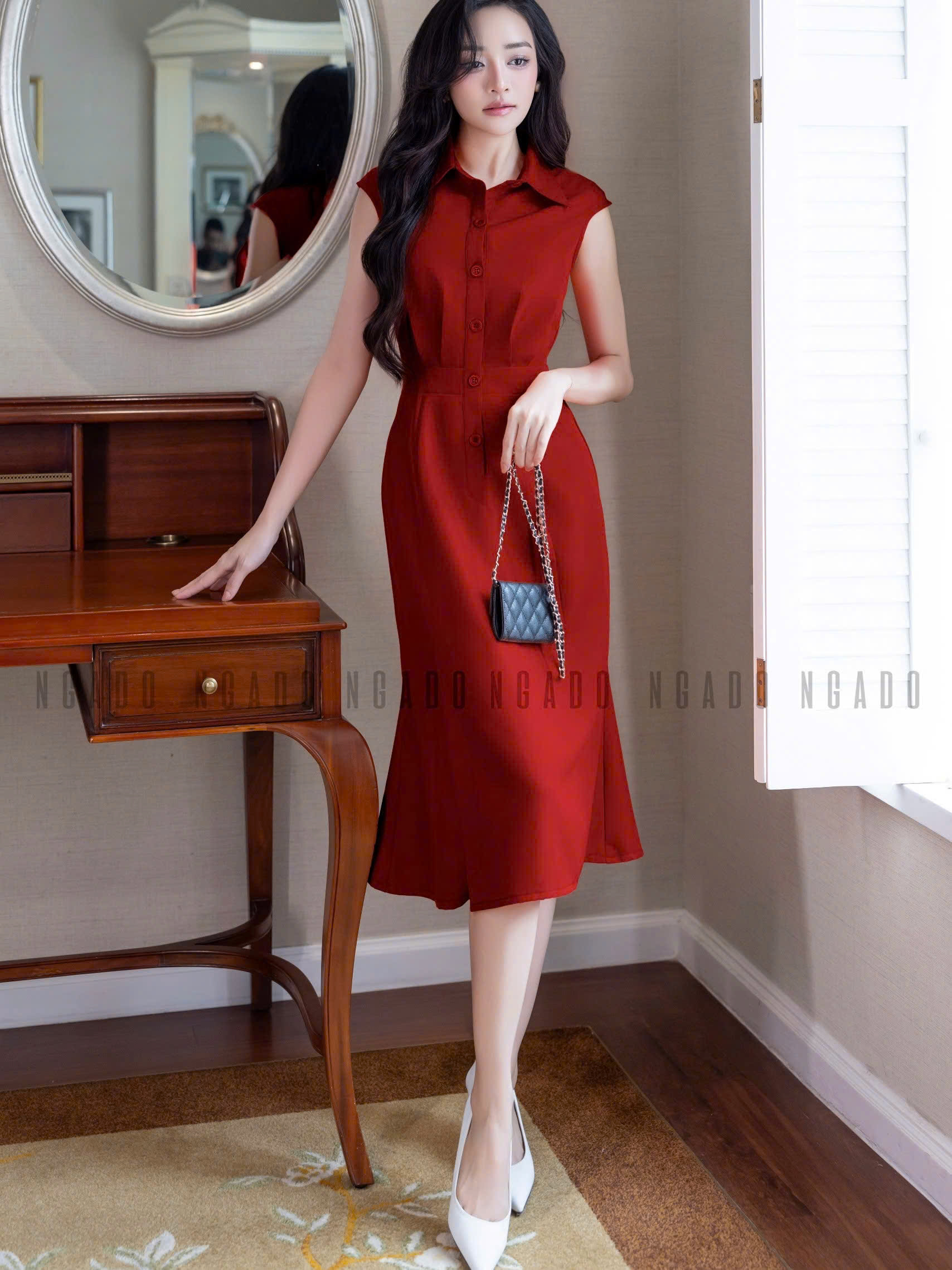 Đầm đỏ eo xếp ly NGADO , đầm kiểu Nữ , đầm công sở , dự tiệc