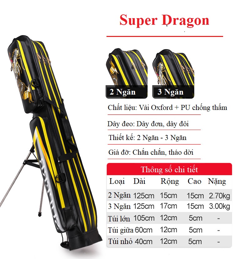 Bao Đựng Cần Câu Đài 1m25 Super Dragon 3 Ngăn Phụ Sức Chứa Lớn Có Giá Đỡ Cao Cấp TDC12